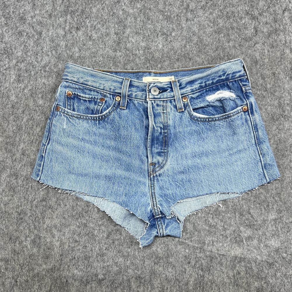 Levis Wedgie Shorts Womens 27‎ Blue Distressed Cutoff Denim High Rise Button Fly